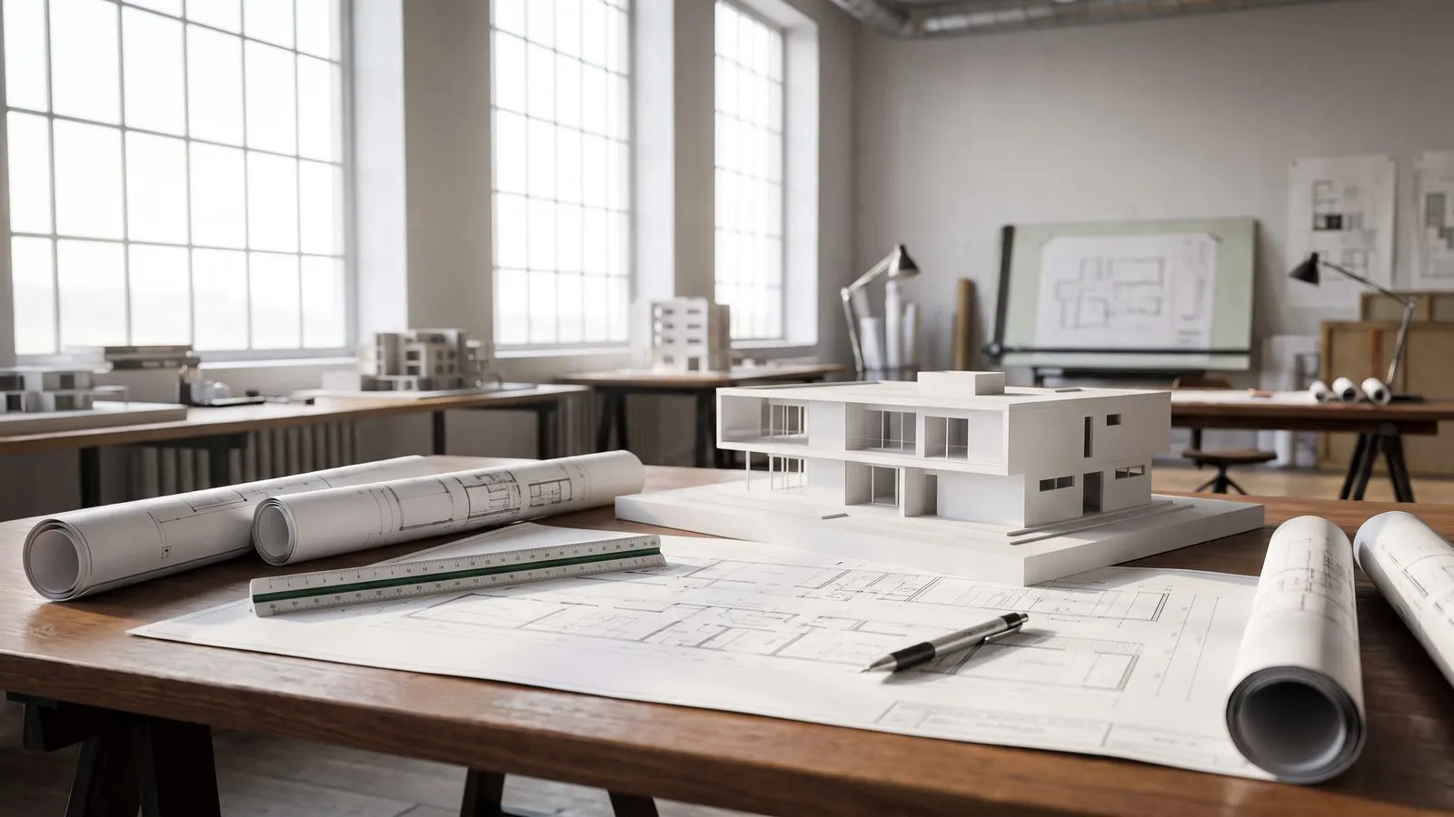 Architekturbuero mit Bauplaenen auf einem grossen Tisch