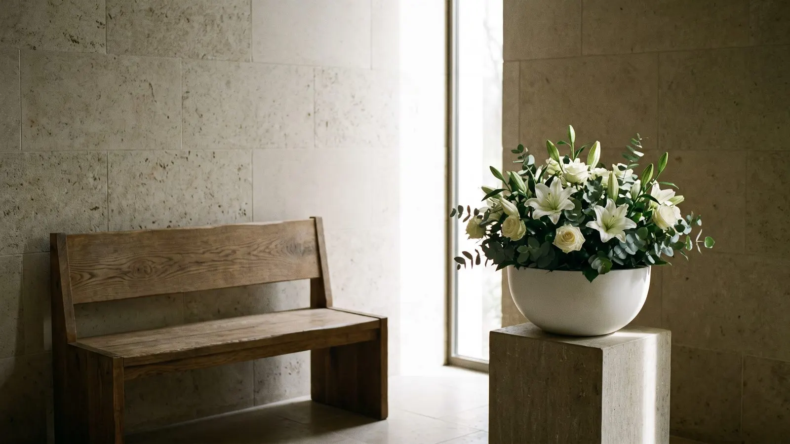 Ruhige Trauerhalle mit schlichter Holzbank und einer weissen Blumenschale