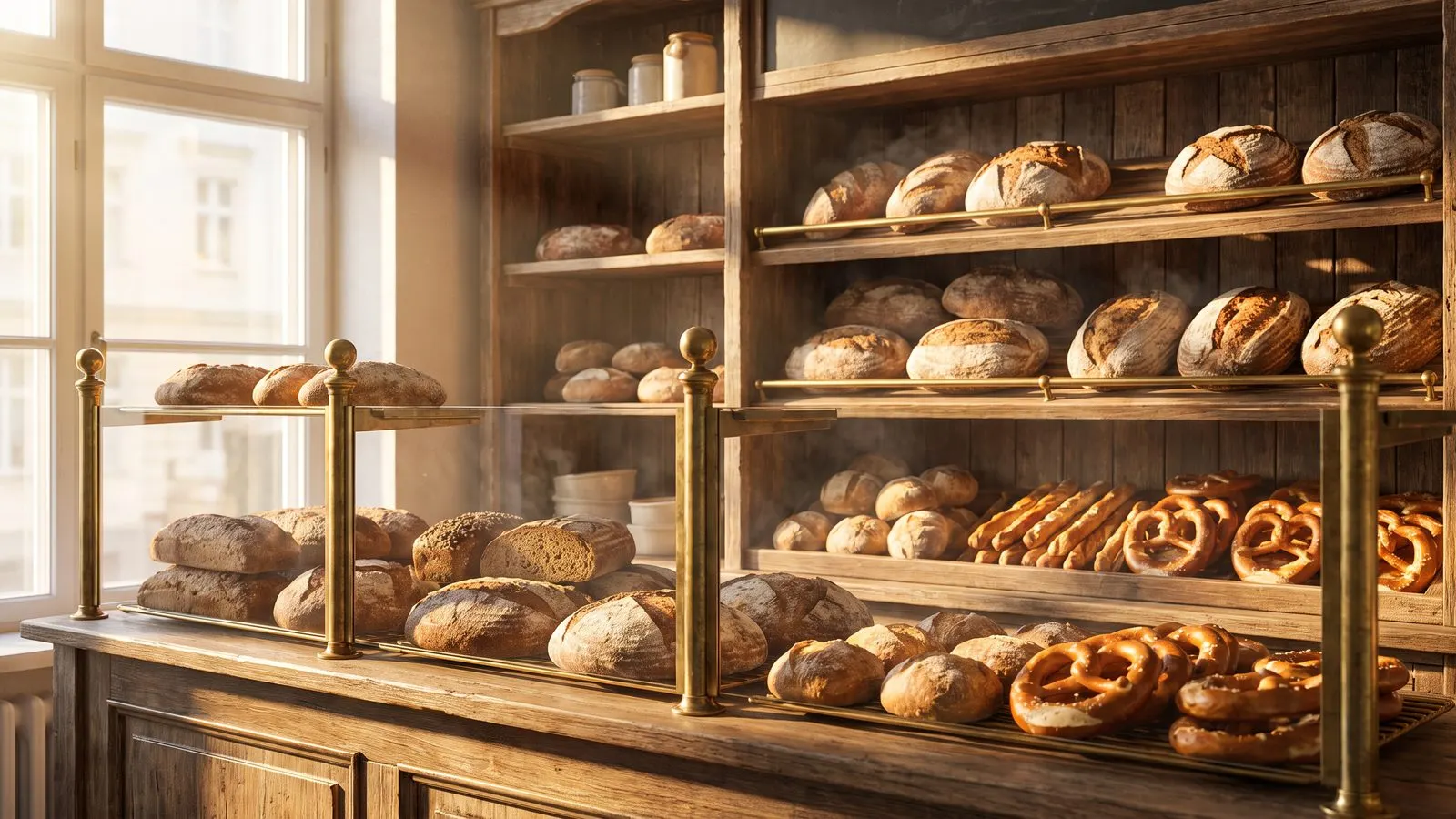 Baeckereitheke mit frischen Broten Broetchen und Laugengebaeck in warmem Morgenlicht