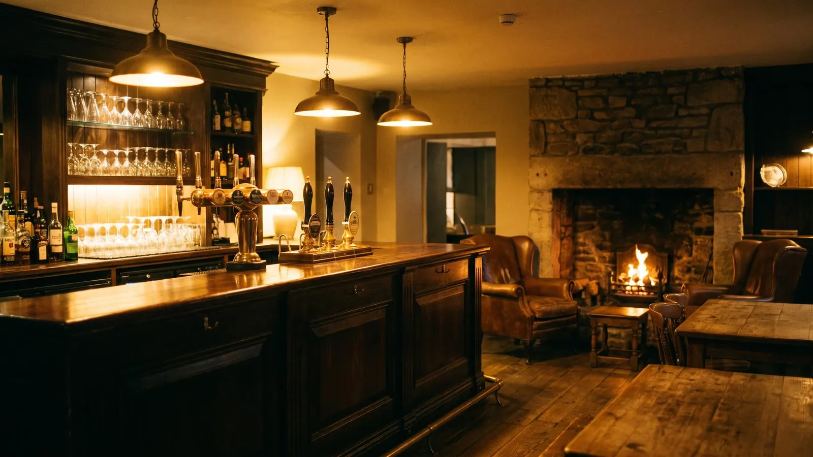 Gemuetliche Bar mit dunklem Holztresen Zapfhaehnen und warmen Haengelampen am Abend