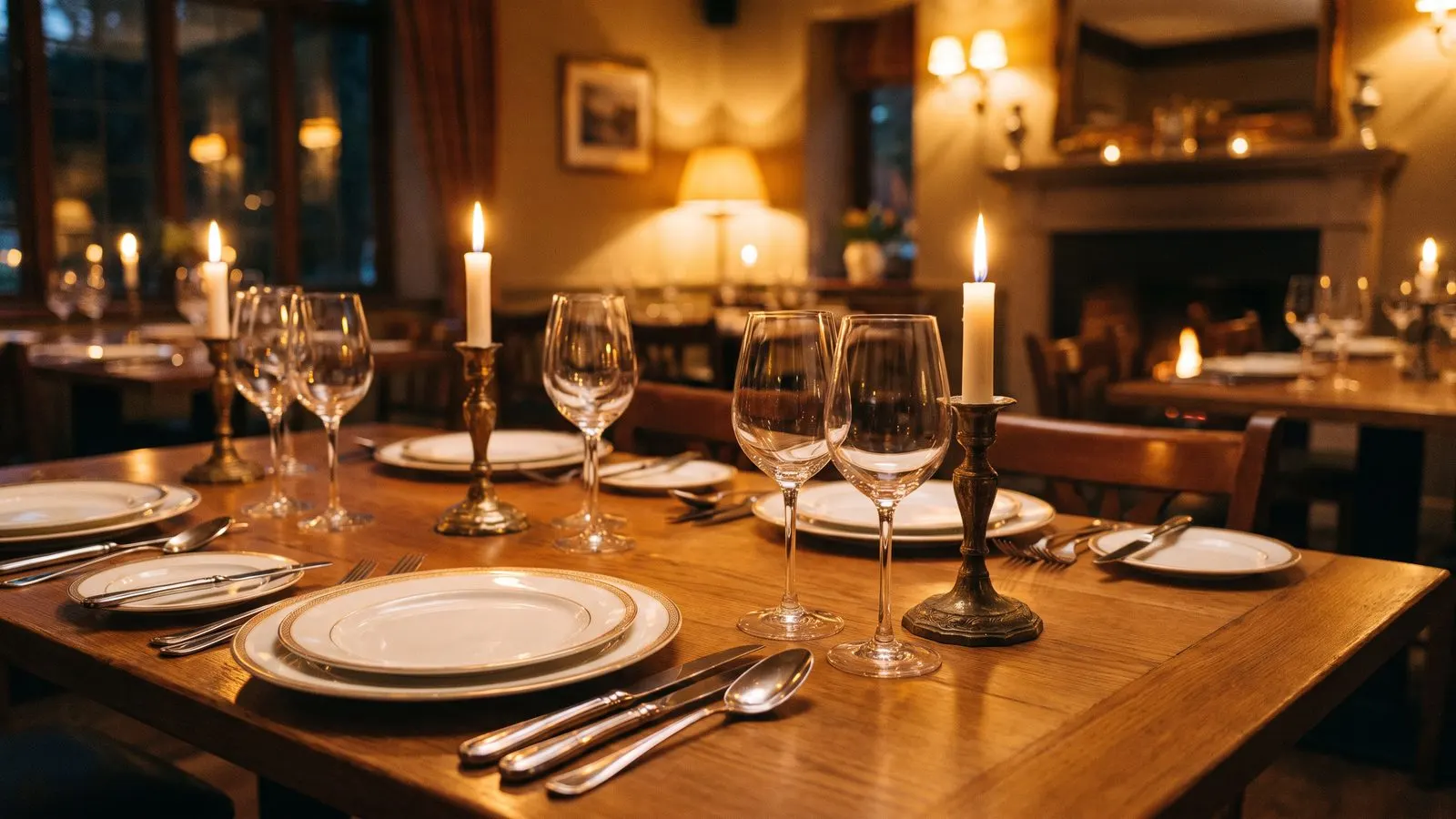 Elegant gedeckter Restauranttisch mit Weinglaesern und Kerzenlicht