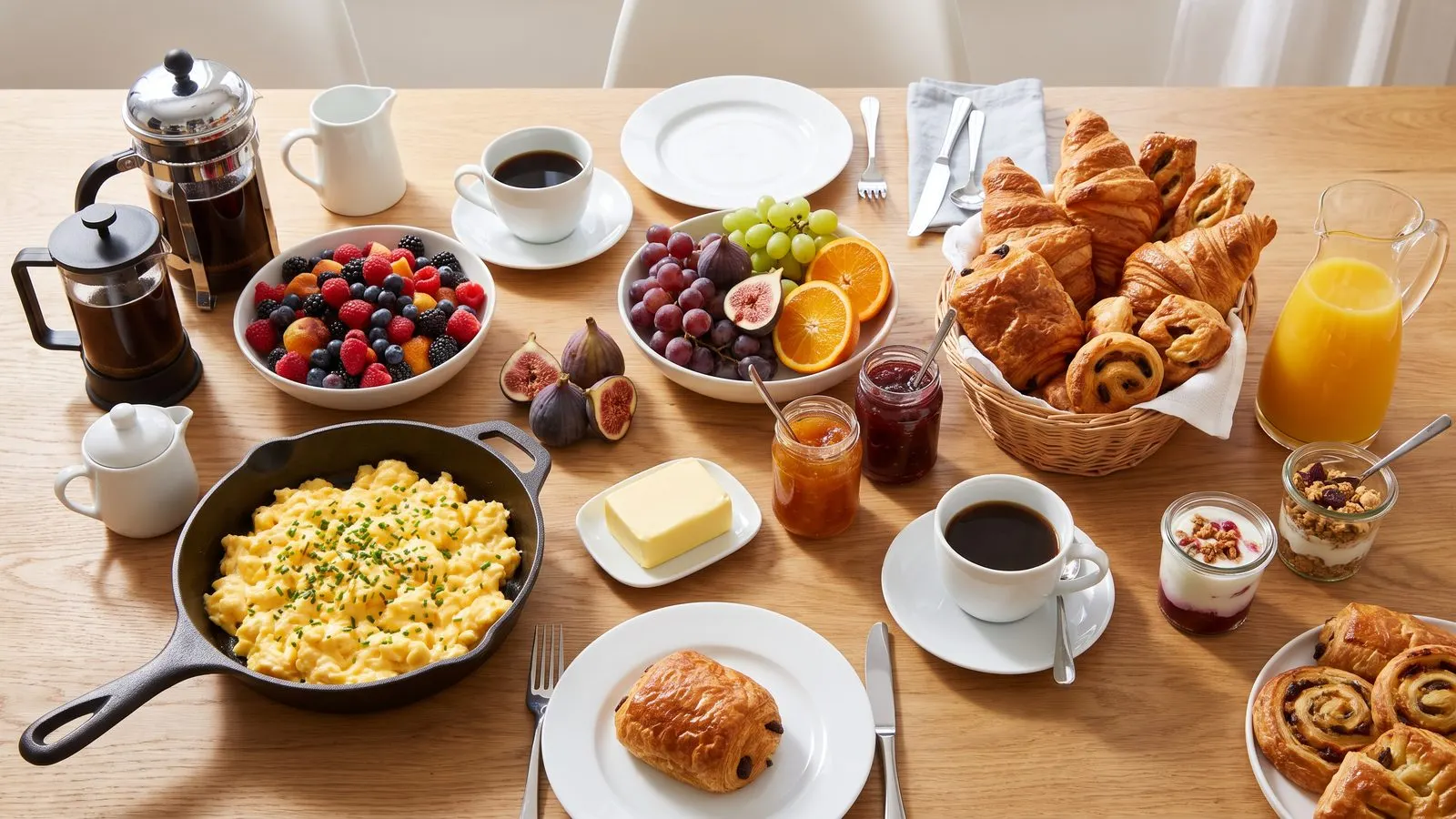 Reich gedeckter Bruncthisch von oben mit Ruehrei Obst Croissants und Kaffee