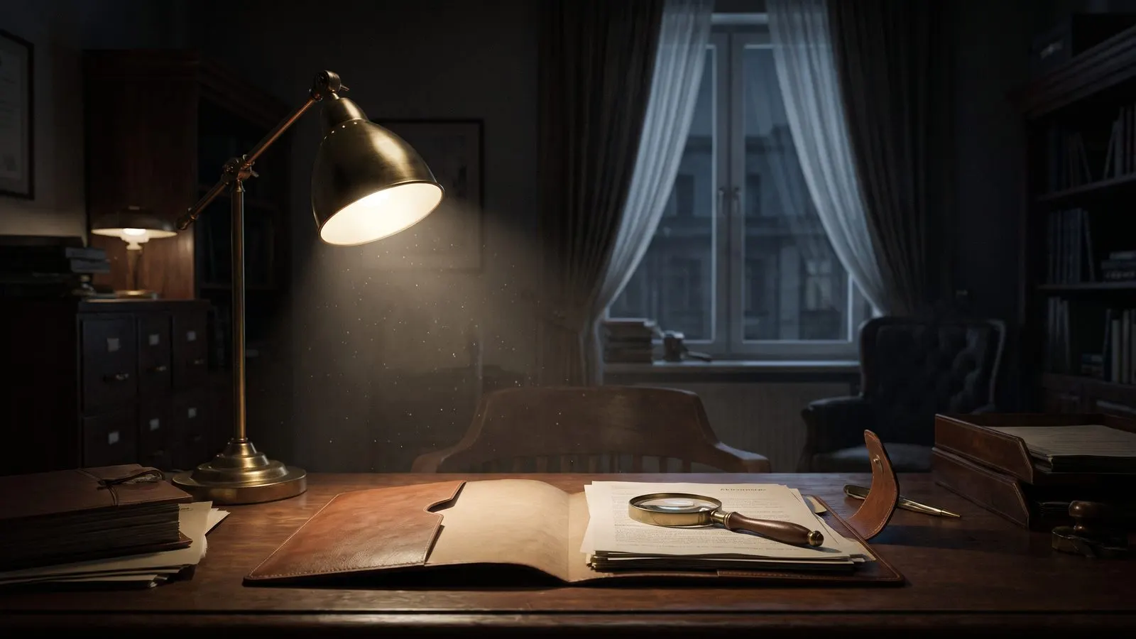 Abgedunkeltes Buero mit Aktenmappe Lupe und einer Schreibtischlampe im Lichtkegel