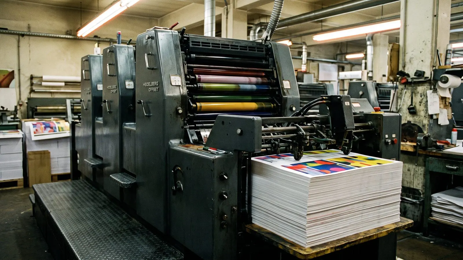 Offsetdruckmaschine in einer Druckerei mit frischen Bogen im Auslagestapel