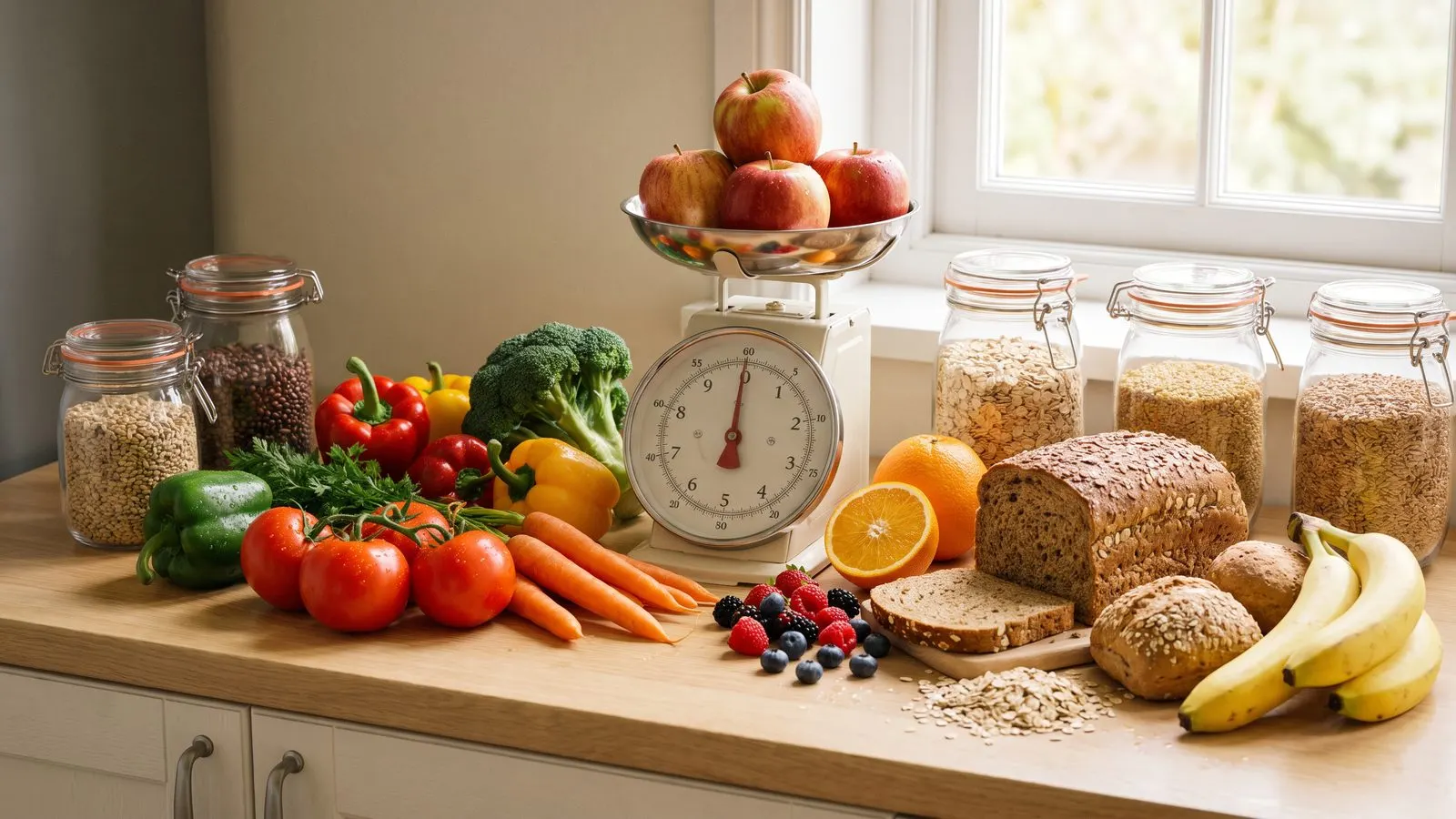 Frisches Gemuese Obst und Vollkornprodukte auf einer hellen Kuechenablage arrangiert