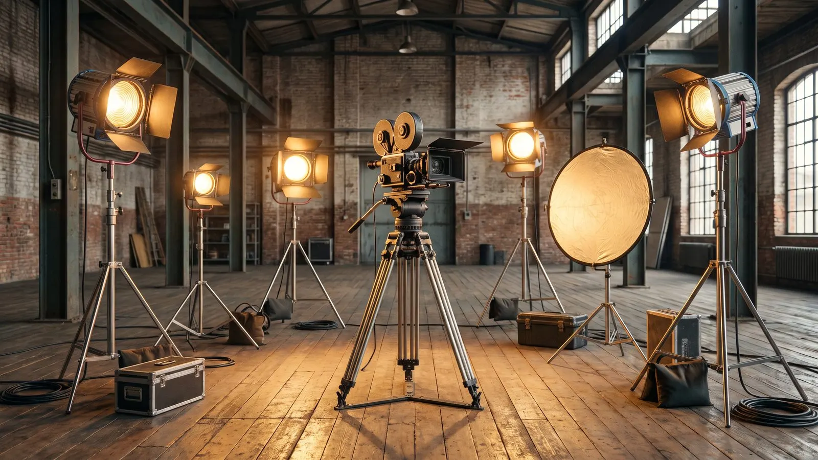 Filmset mit Kamera auf Stativ Lichtstativen und Reflektor in einer Halle