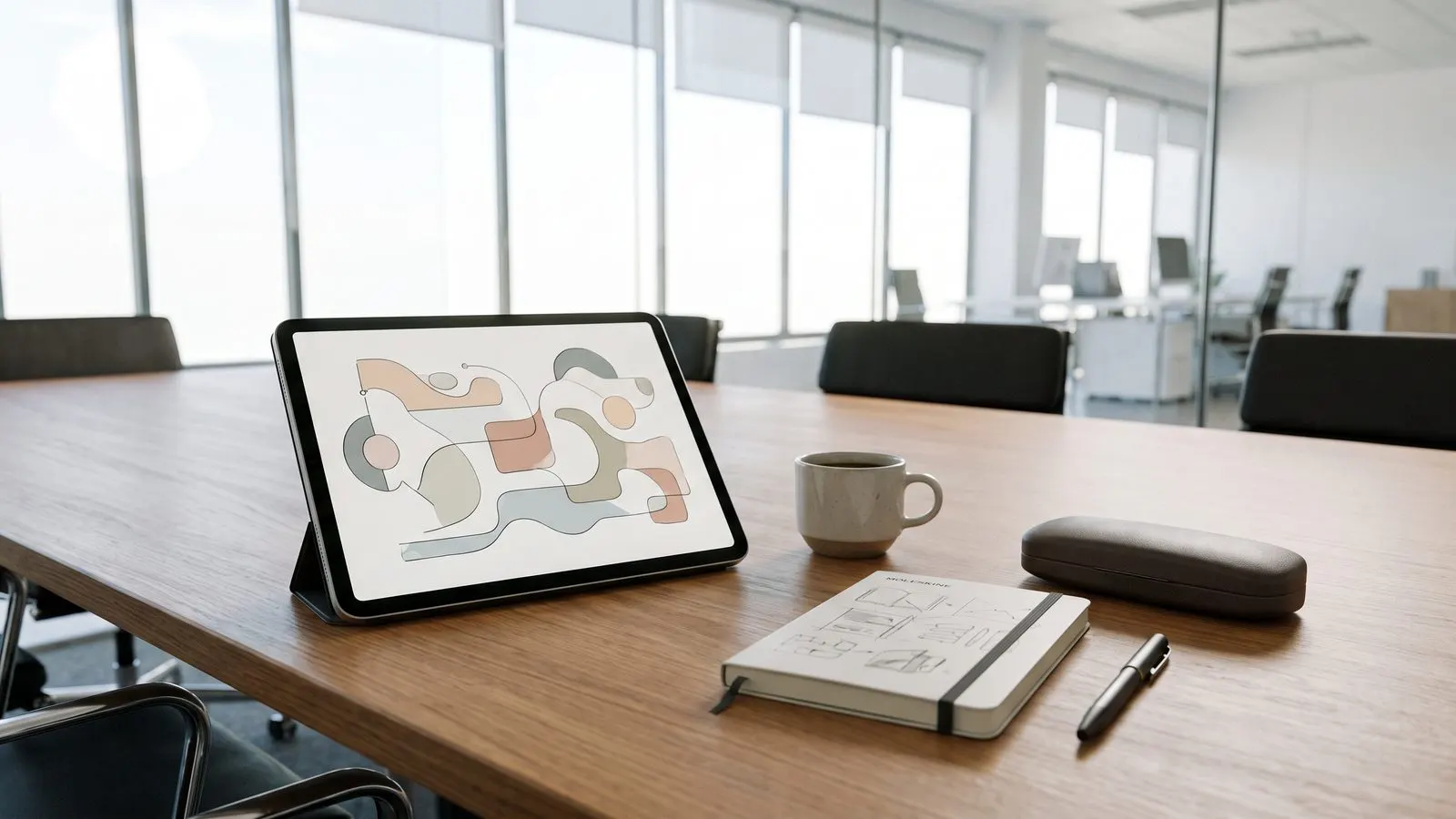 Aufgeraeumter Beratungstisch mit Tablet abstrakten Diagrammen ohne Zahlen Kaffeetasse und Notizblock