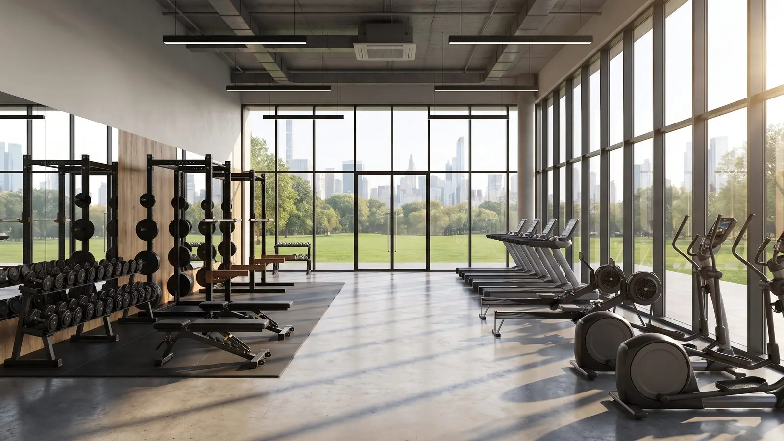 Modernes Fitnessstudio mit Hantelbereich und Cardiogeraeten vor grosser Fensterfront