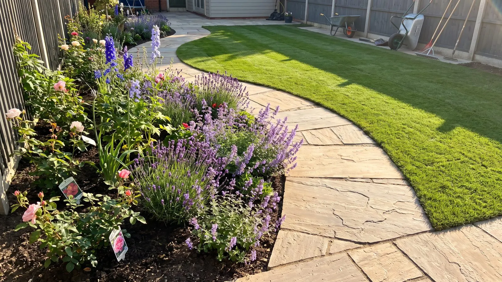 Neu angelegter Garten mit Natursteinweg Staudenbeet und frisch verlegtem Rasen