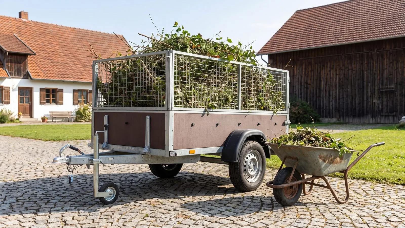 Kleiner Anhaenger mit Gitteraufbau voll Gartenabfall auf einer Hofeinfahrt