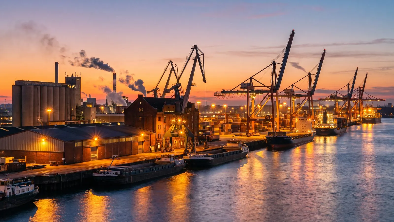 Industriehafen am Fluss in der Abenddaemmerung