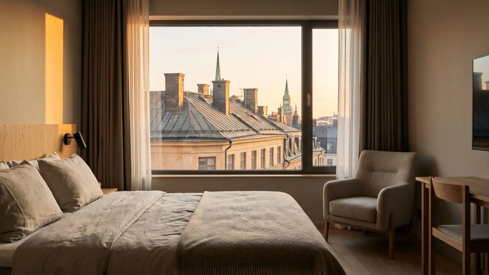 Aufgeraeumtes modernes Hotelzimmer mit gemachtem Bett Sessel und Blick auf Altbaudaecher