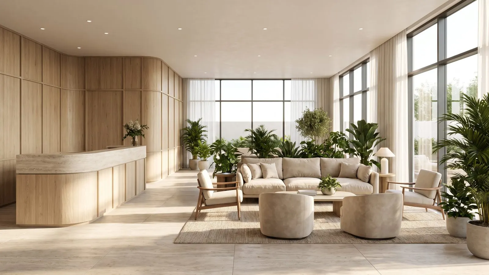 Helle Hotellobby mit Sitzgruppe Pflanzen und Empfangstresen