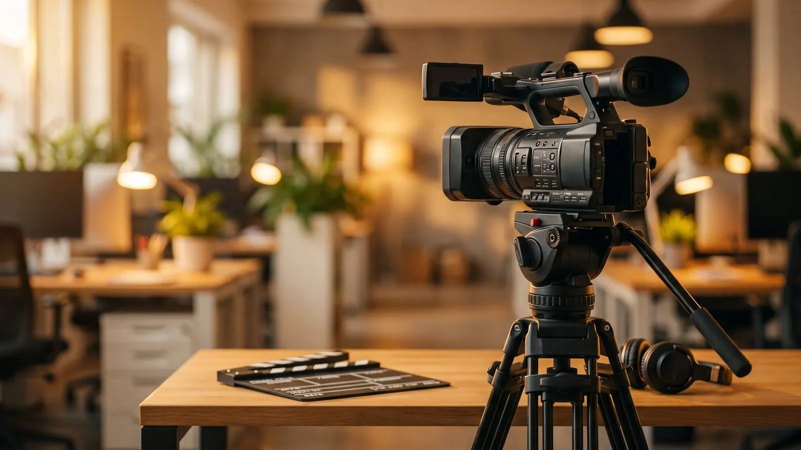 Videokamera auf Stativ vor einer unscharfen Bueroszene