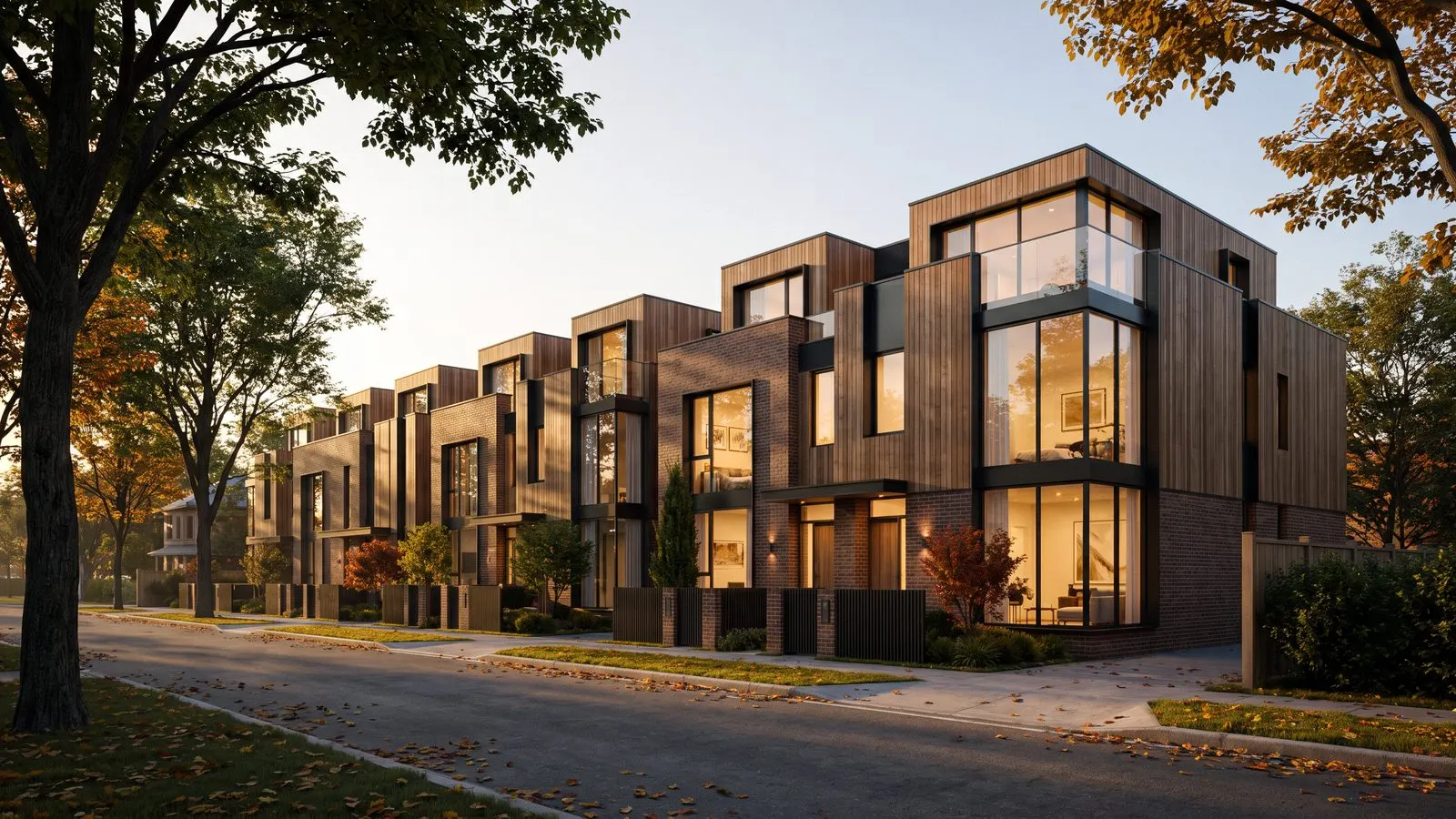 Reihe moderner Stadthaeuser im Abendlicht von der Strasse aus