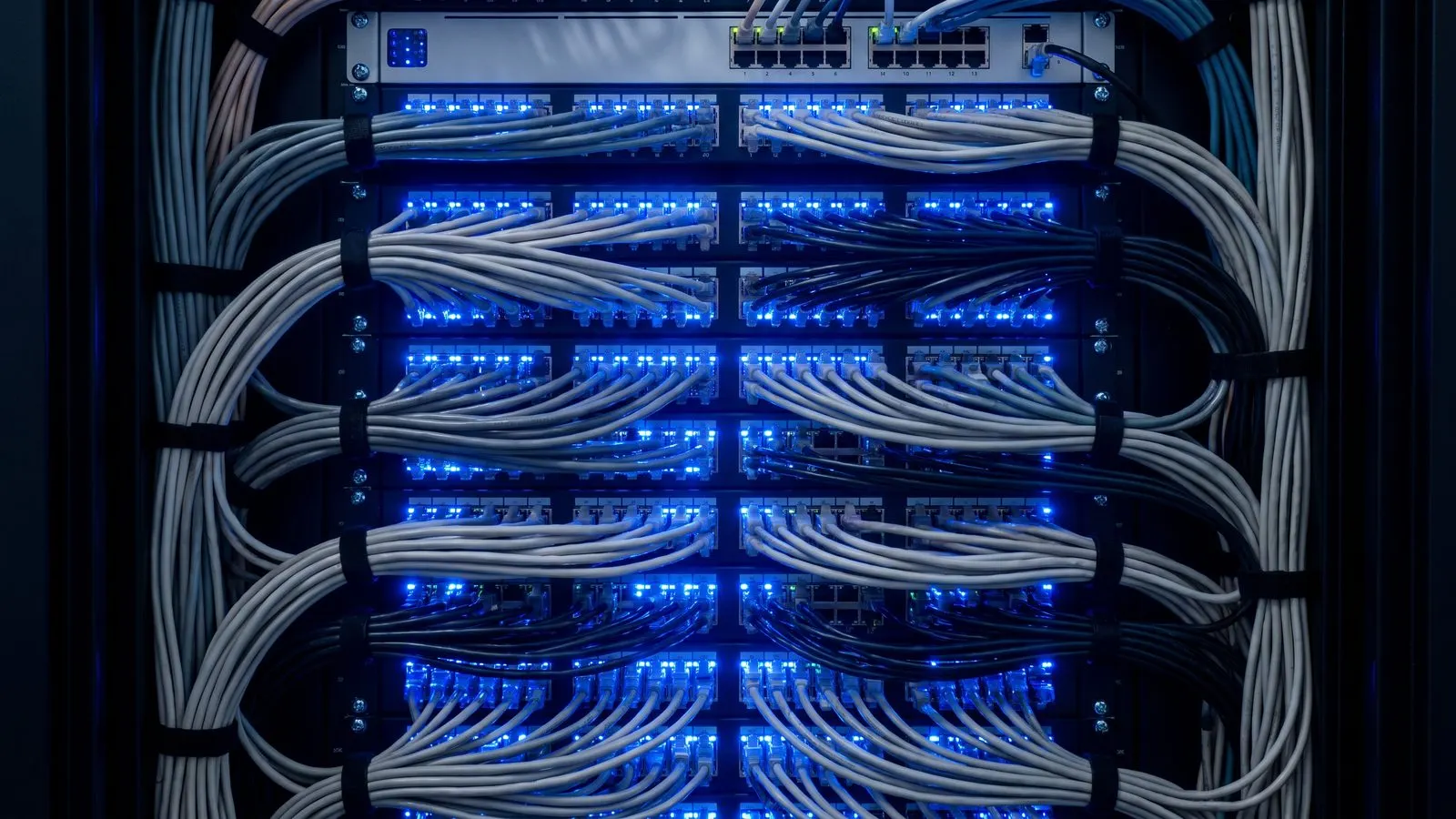 Serverschrank mit sauber gepatchten Netzwerkkabeln