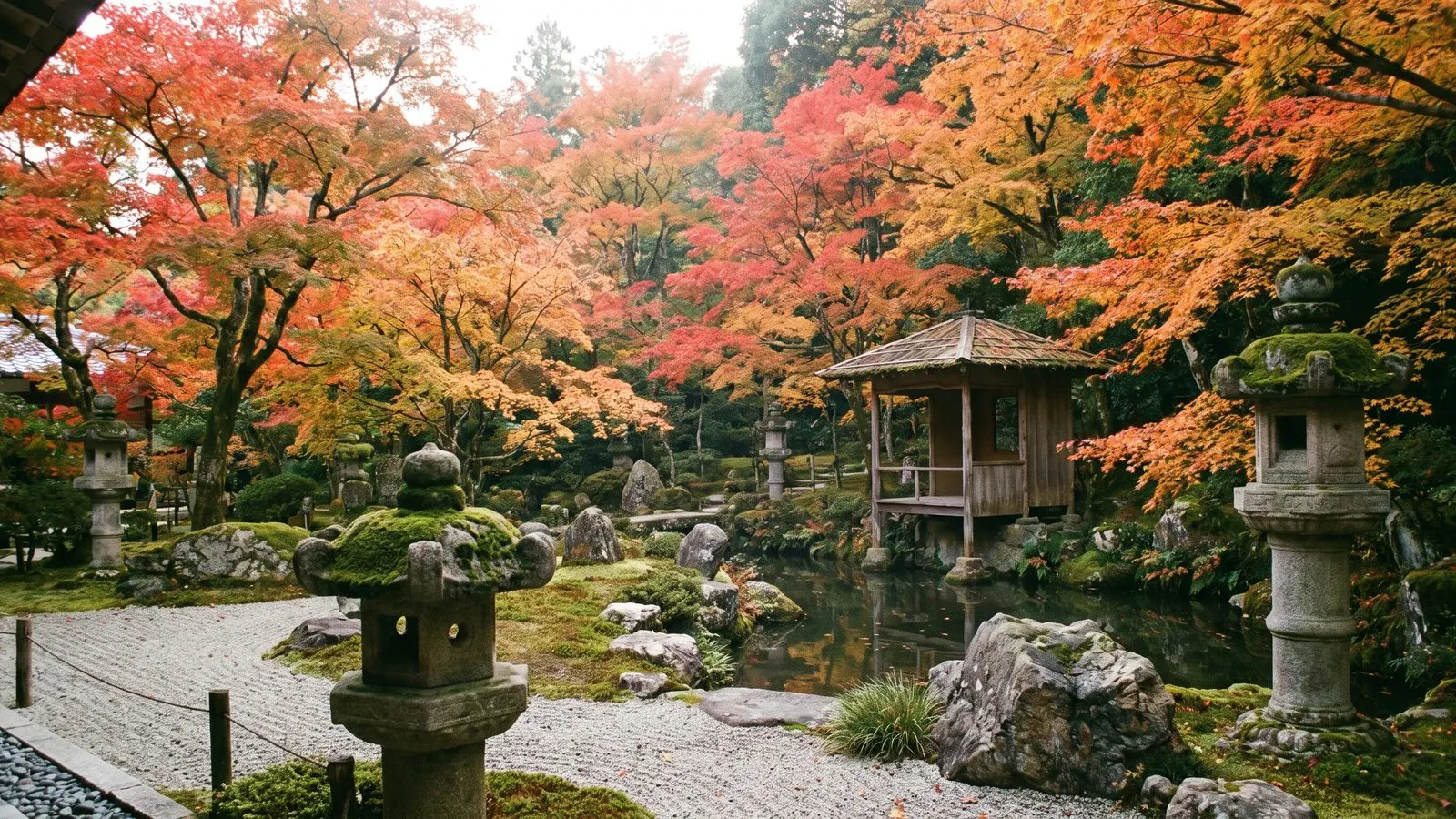 Ruhiger japanischer Tempelgarten mit Steinlaternen Ahorn und Kieswegen im Herbst