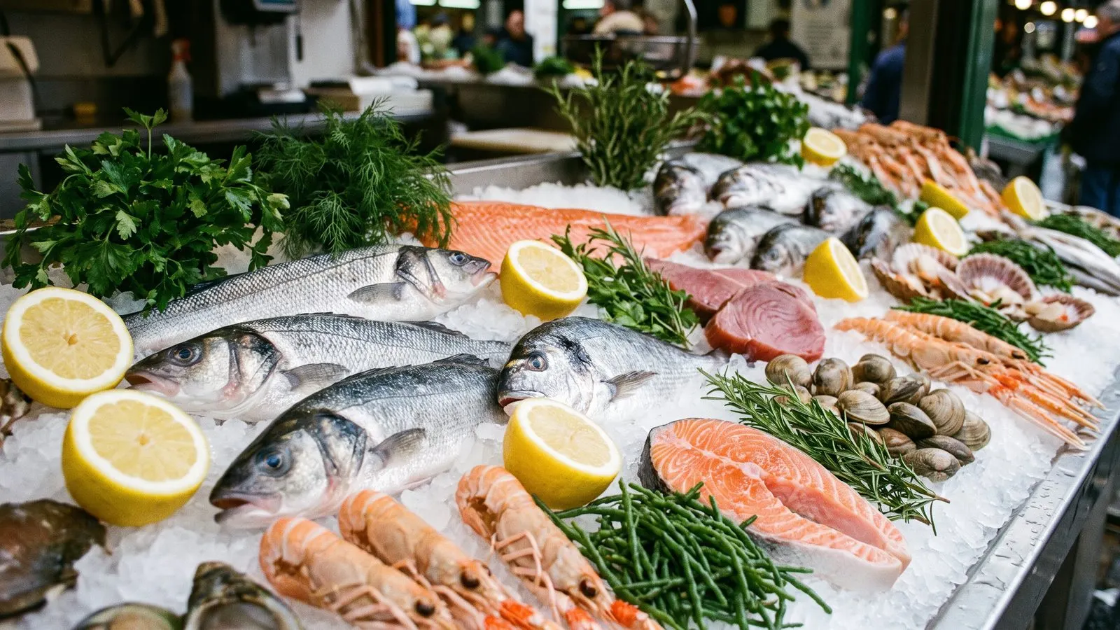 Frischer Fisch und Meeresfruechte auf Eis in einer Auslage