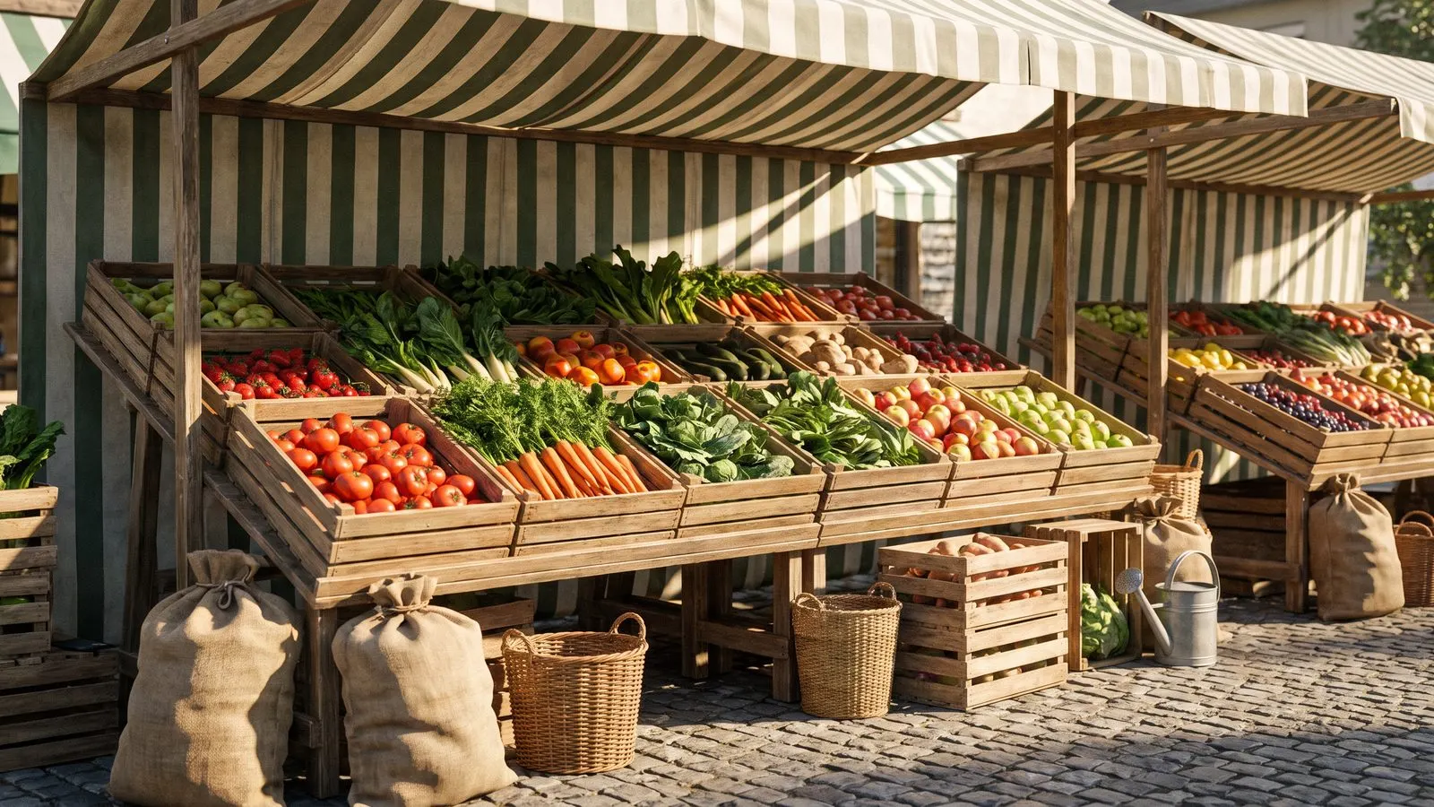 Wochenmarktstand mit Gemuese und Obst in Holzkisten