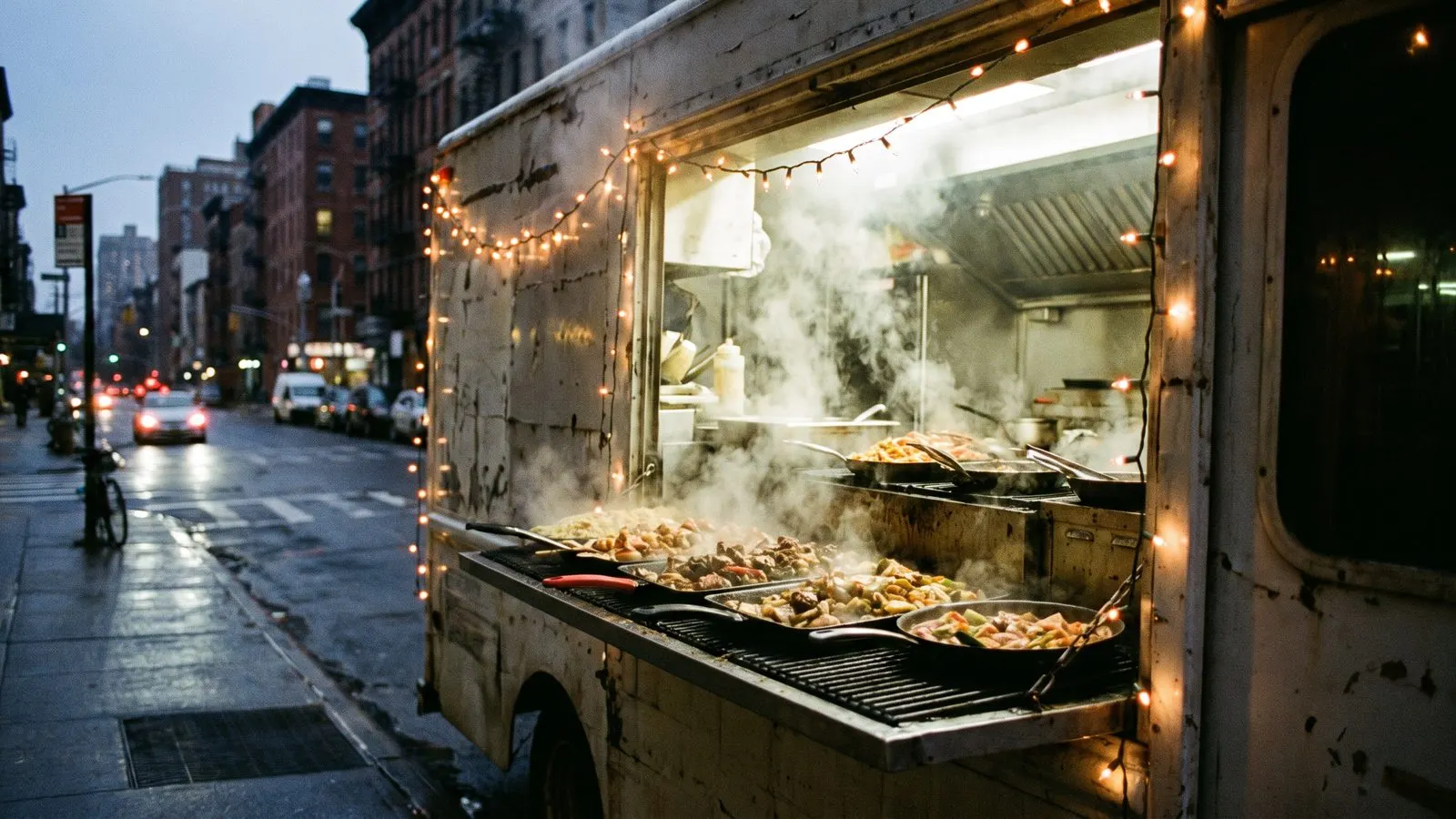 Foodtruck-Fenster mit dampfendem Streetfood und Lichterkette am Abend