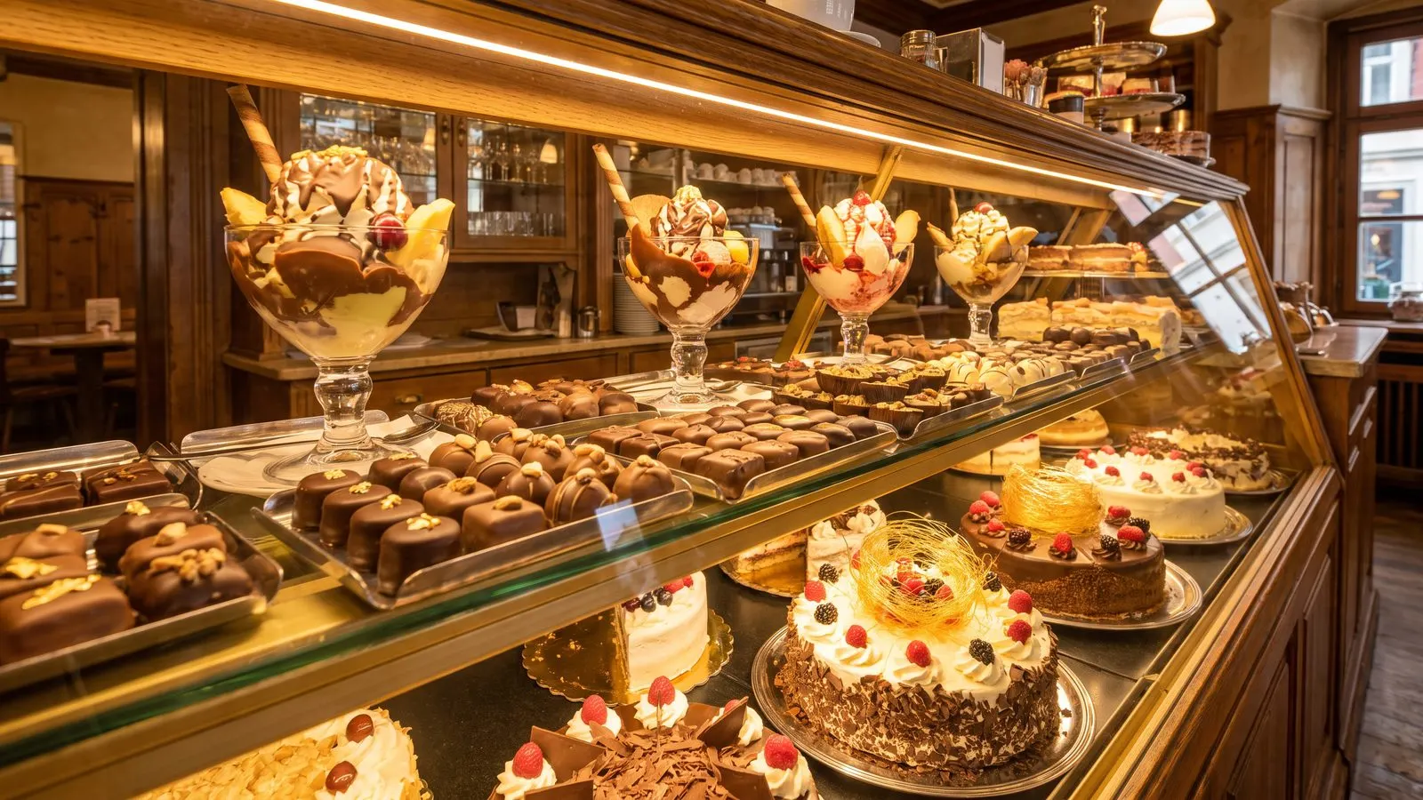 Konditoreivitrine mit Pralinen Eisbechern und Torten