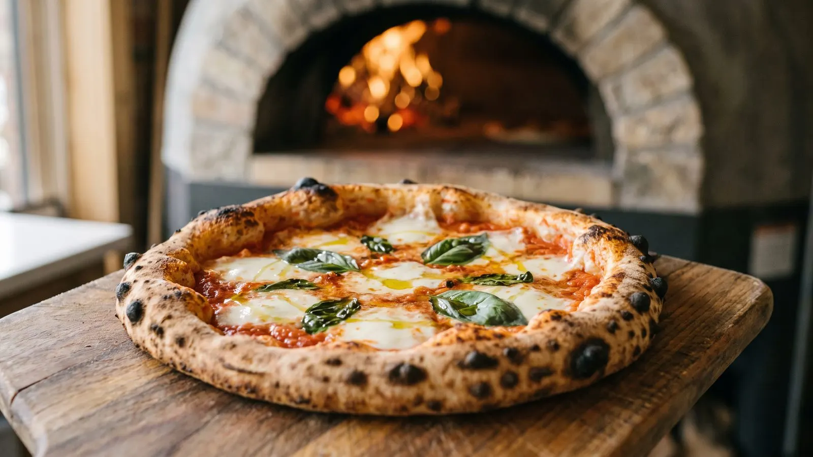 Neapolitanische Pizza frisch aus dem Holzofen auf einem Holzbrett