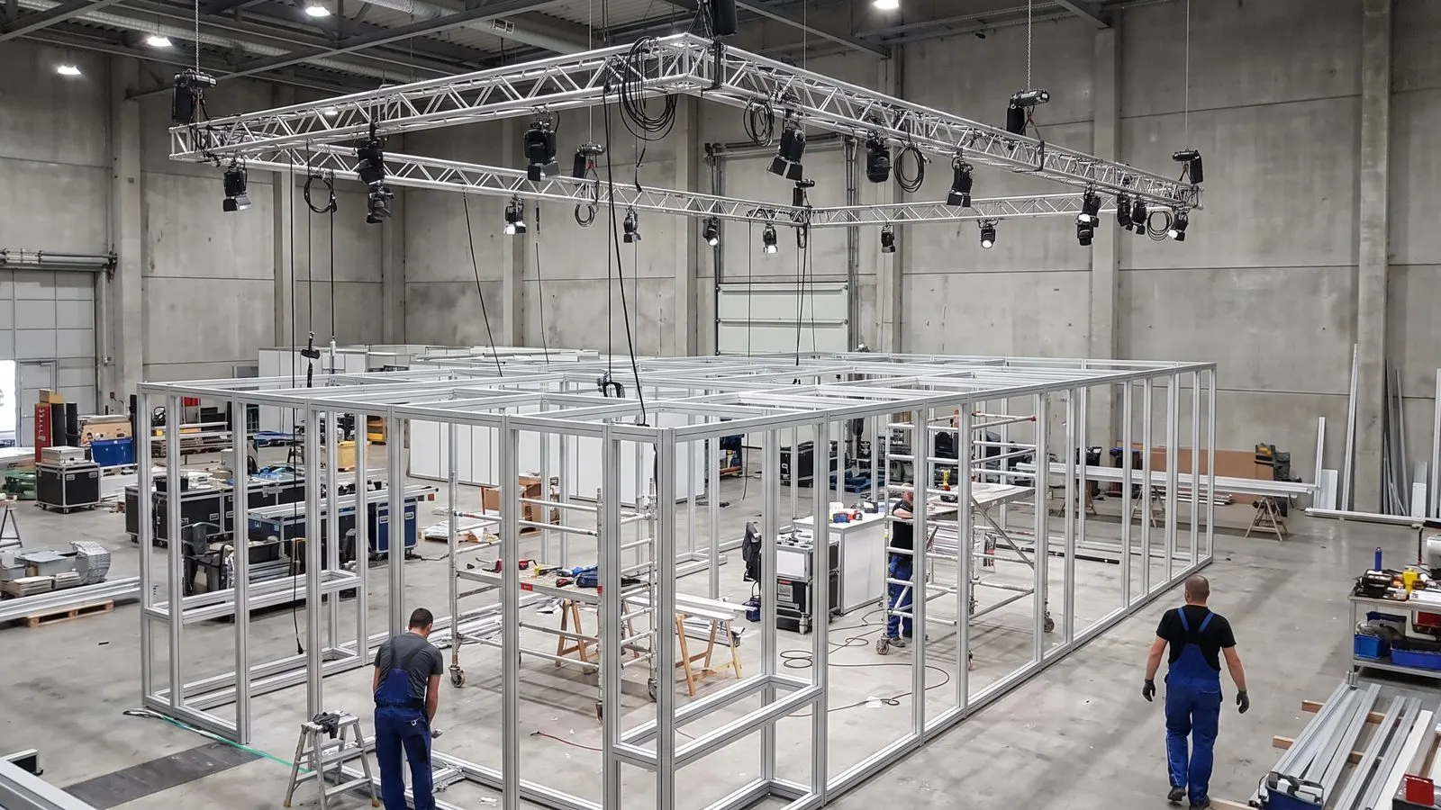 Messestand im Aufbau mit Systemprofilen Werkzeug und Beleuchtungsschiene in einer Halle