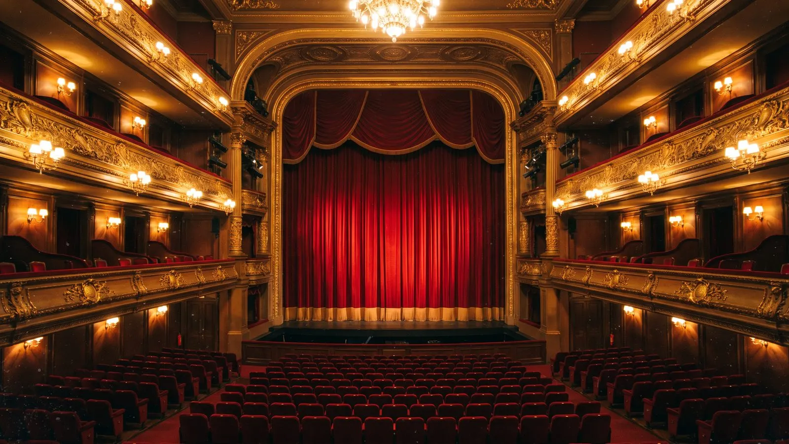 Klassischer Theatersaal mit rotem Samtvorhang leeren Sitzreihen und Raengen im warmen Saallicht