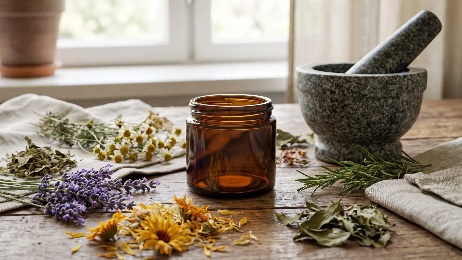 Naturkosmetik-Tiegel aus Braunglas ohne Etikett neben Kraeutern Bluetenblaettern und einem Moerser