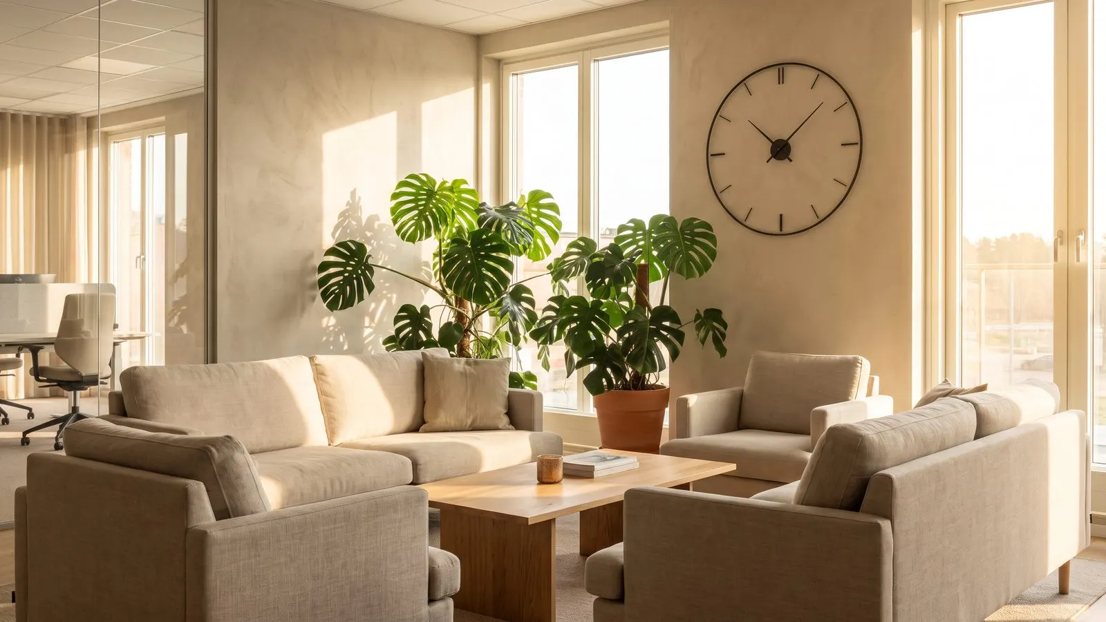 Empfangsbereich eines Bueros mit Sitzgruppe Pflanze und Uhr an der Wand