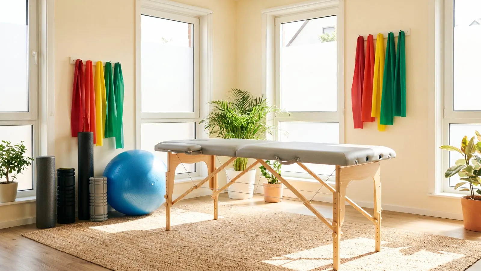 Physiotherapieraum mit Behandlungsliege Gymnastikball Faszienrolle und Theraband