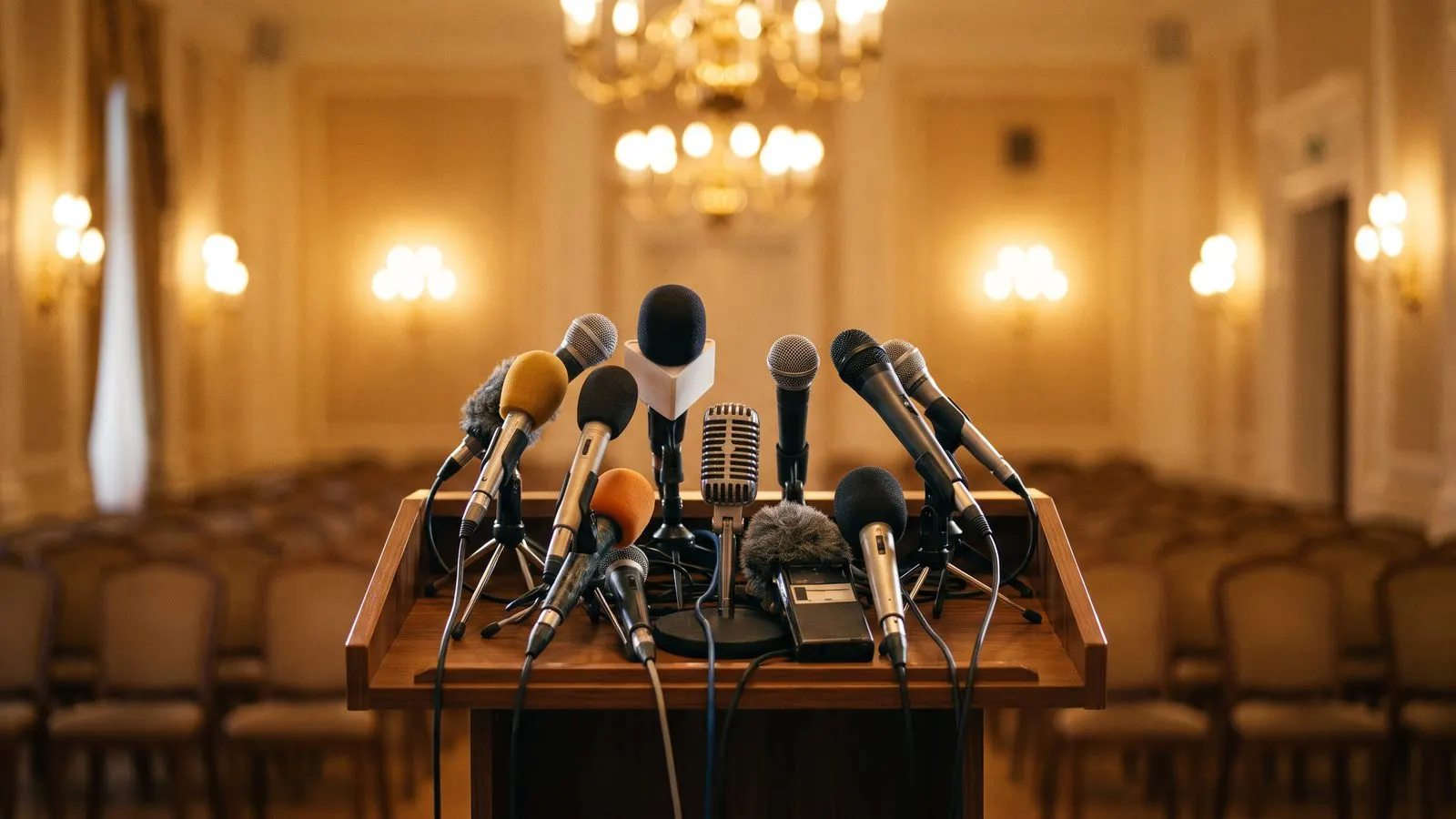 Pressekonferenz-Setting mit Mikrofonen auf einem Pult und unscharfen Stuhlreihen