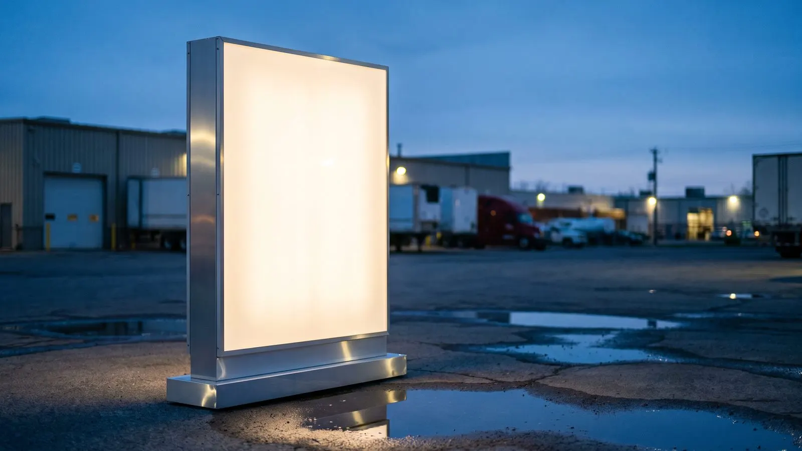 Beleuchtete Werbestele aus Aluminium und Acryl auf einem Gewerbehof in der Daemmerung