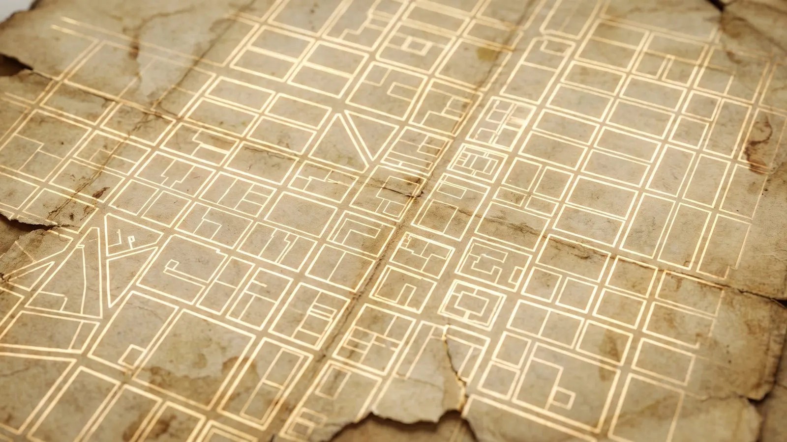 Abstrakter Stadtplan als praezises Raster aus hellen Linien auf altem Papier