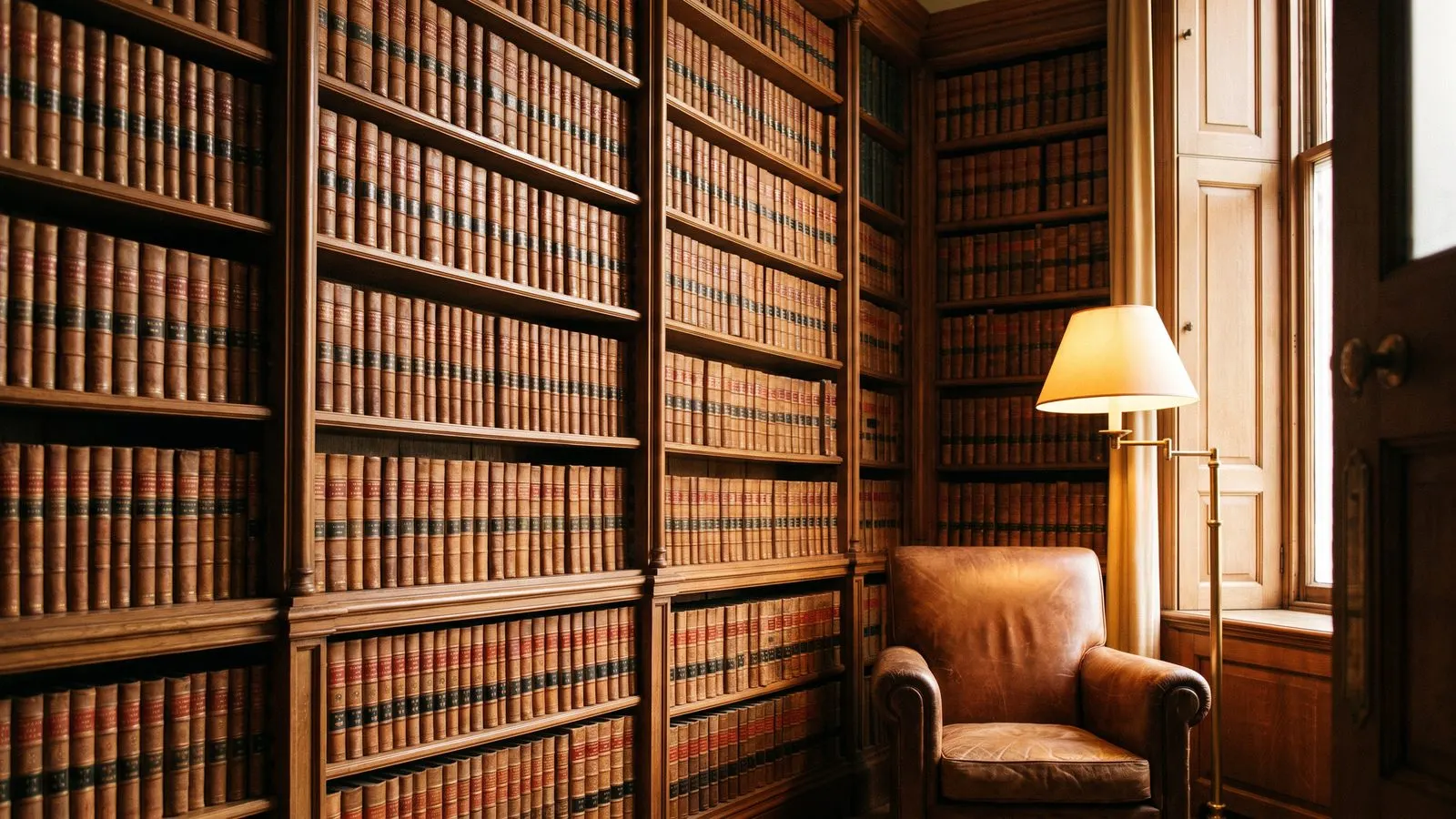 Anwaltskanzlei-Bibliothek mit Regalwaenden voller gleichfoermiger Baende