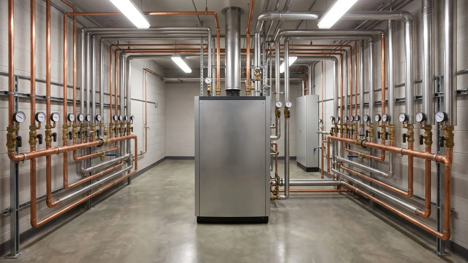 Neue Heizungsanlage im Technikraum mit sauber verlegten Rohren und Manometern