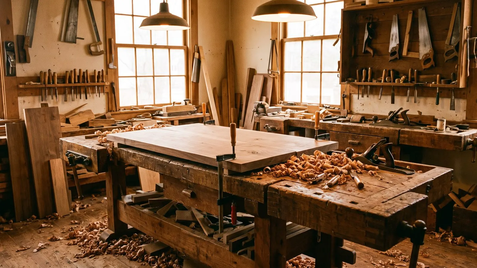 Schreinerwerkstatt mit Hobelbank Holzspaenen und einer angefangenen Massivholzplatte