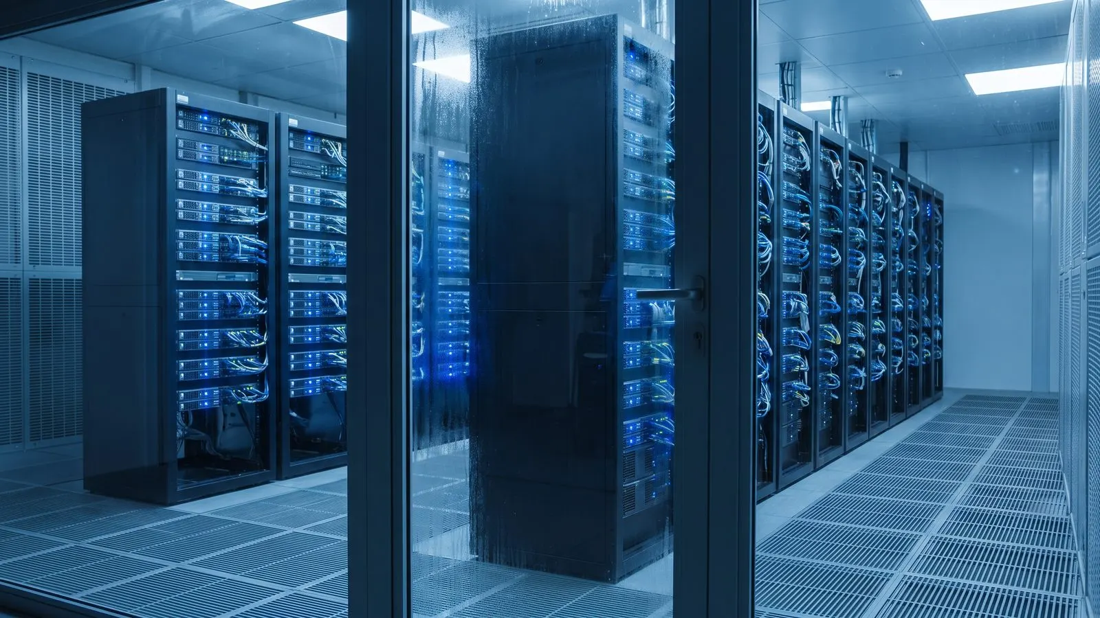 Serverraum mit Racks und blauen Statuslichtern hinter einer Glastuer