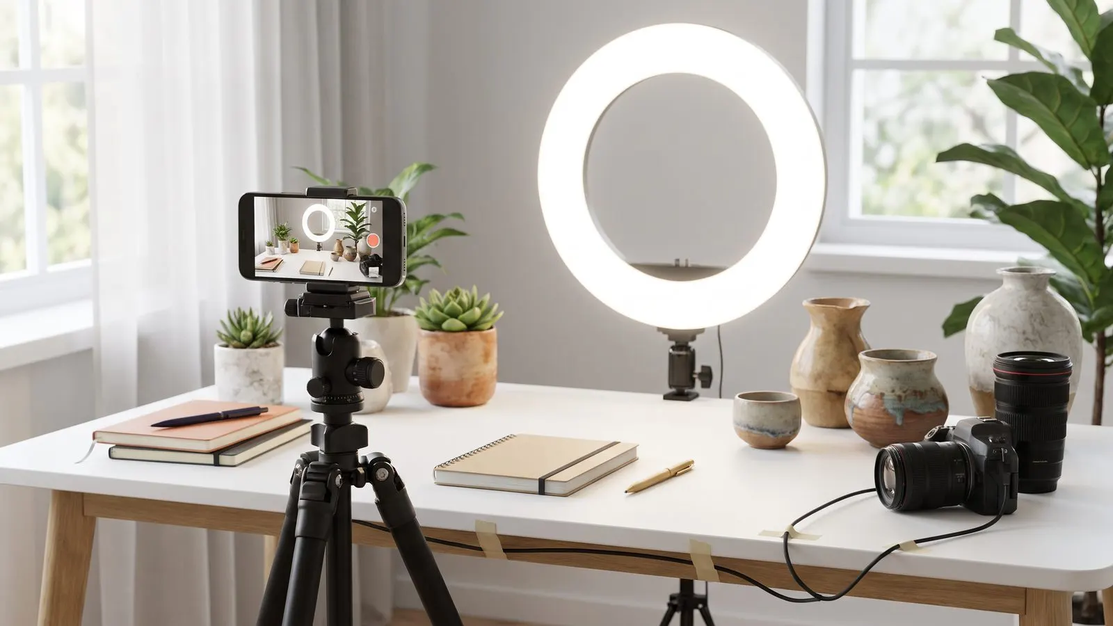 Smartphone auf einem Stativ vor einem hellen Setup mit Ringlicht und Requisiten