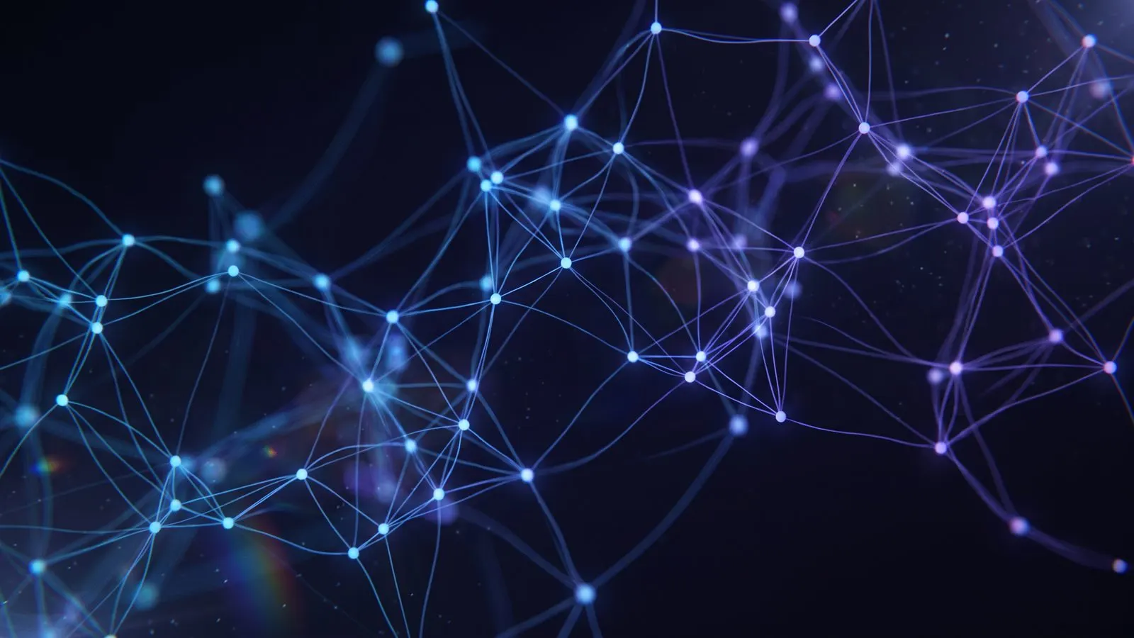 Abstrakte Netzwerkgrafik aus verbundenen Punkten in Blau und Violett vor dunklem Hintergrund