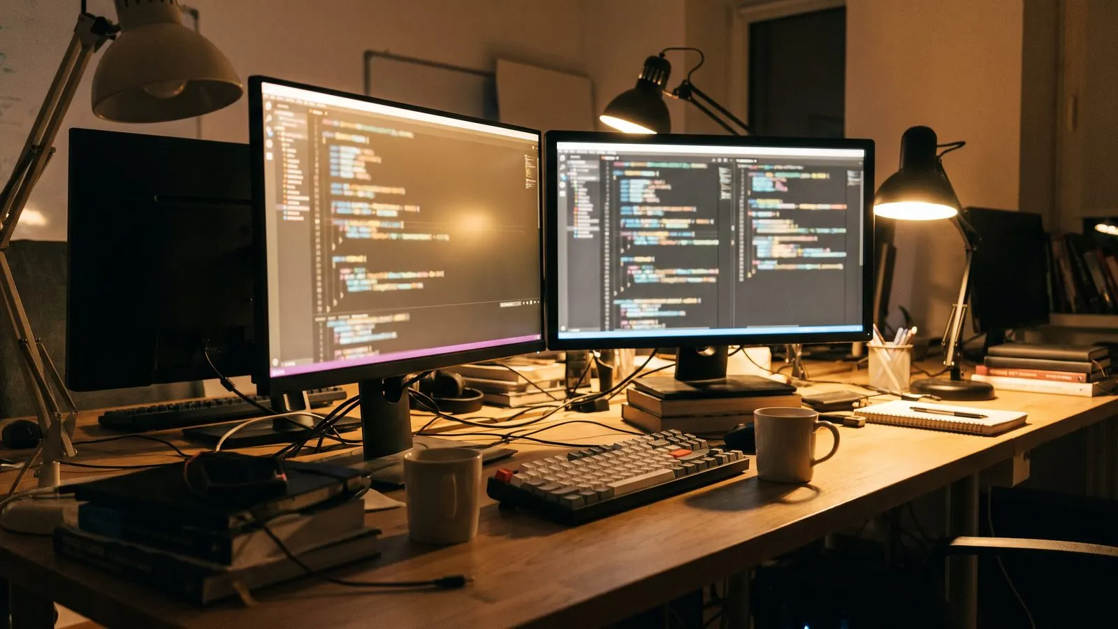 Entwicklerarbeitsplatz mit zwei Monitoren voller unscharfem Code Tastatur und Kaffeetasse