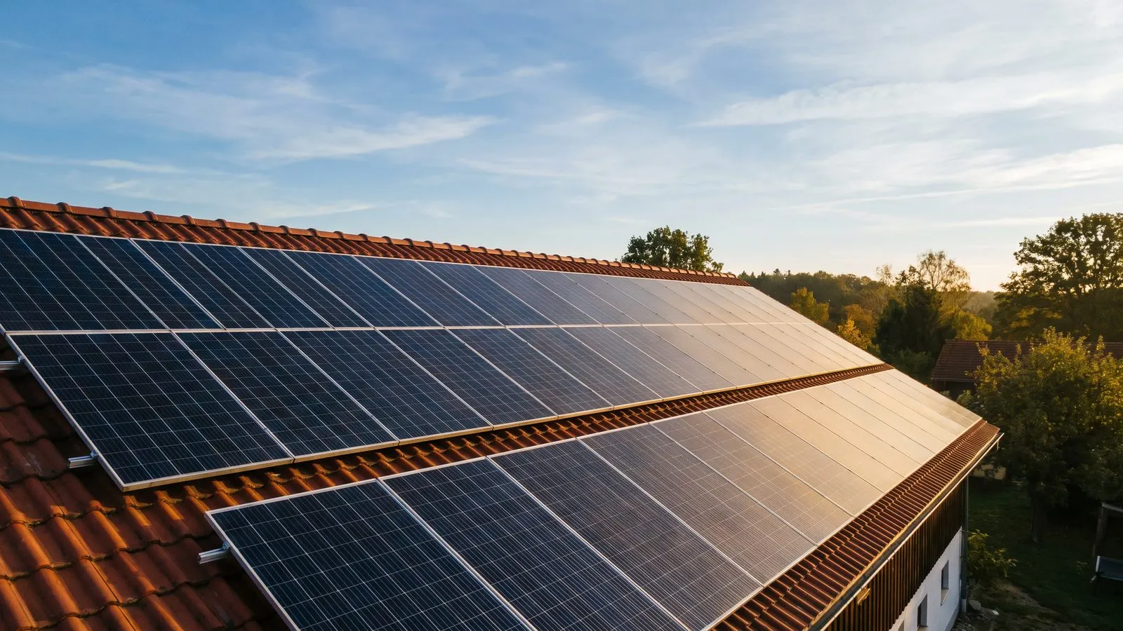 Photovoltaikmodule auf einem Hausdach im Morgenlicht