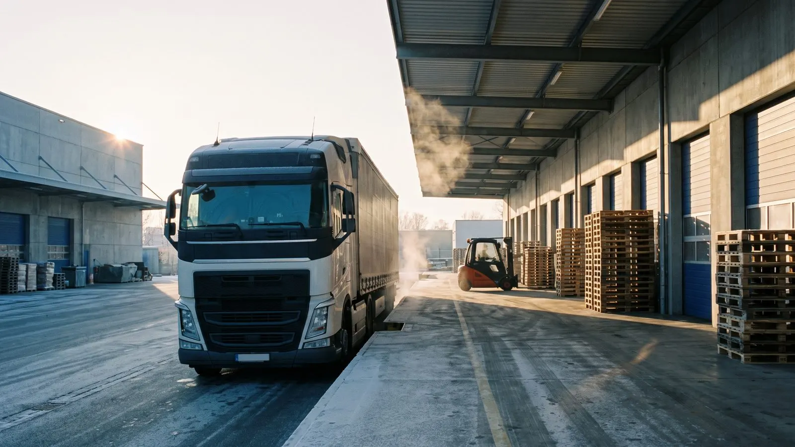 Lkw an einer Verladerampe eines Logistikzentrums