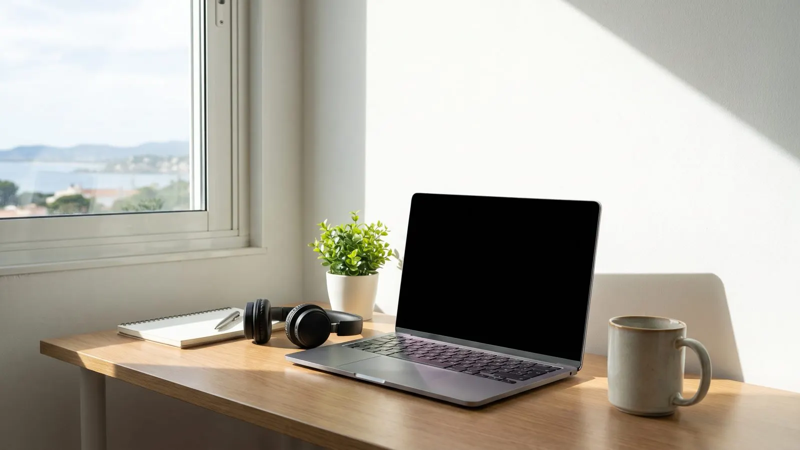 Aufgeraeumter Arbeitsplatz mit Laptop Headset und Kaffeetasse vor einer hellen Wand