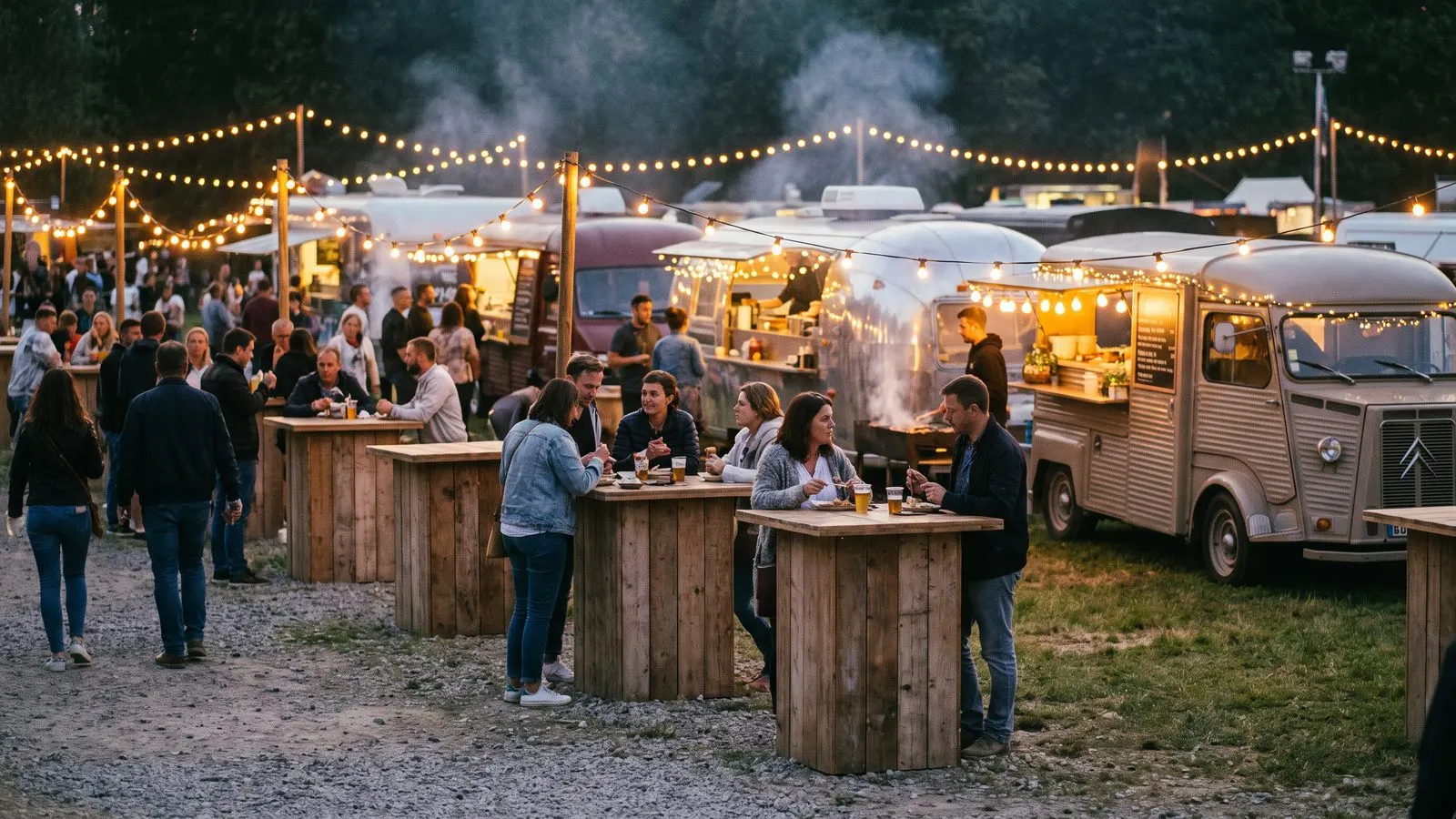 Festivalgelaende am Abend mit Foodtrucks Lichterketten und Stehtischen
