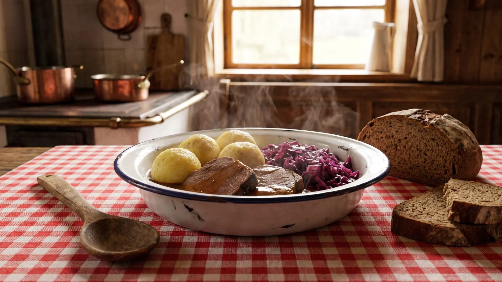 Deftiges Traditionsgericht in einer Emailleschale auf kariertem Tuch