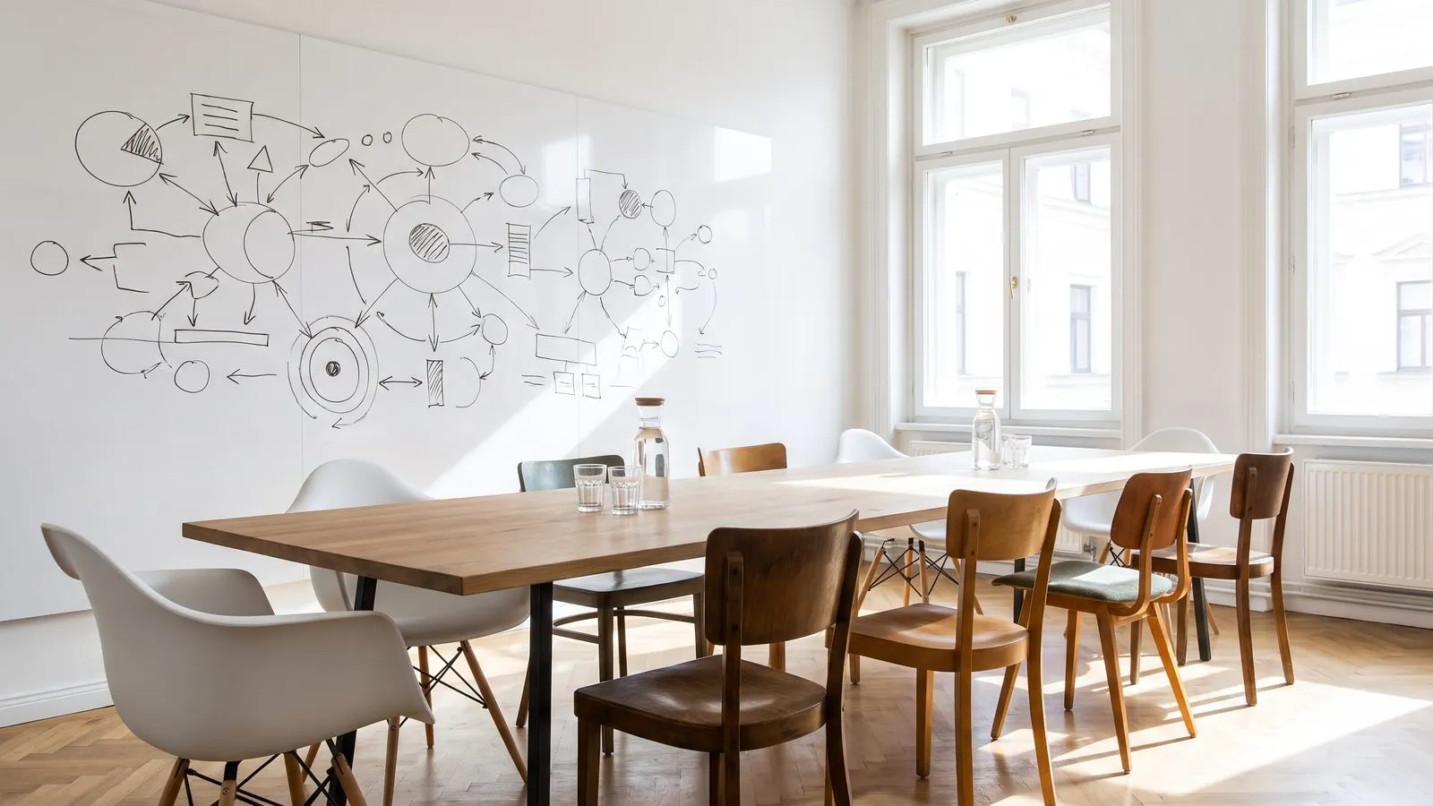 Besprechungsraum mit Whiteboard voller abstrakter Diagramme ohne Schrift