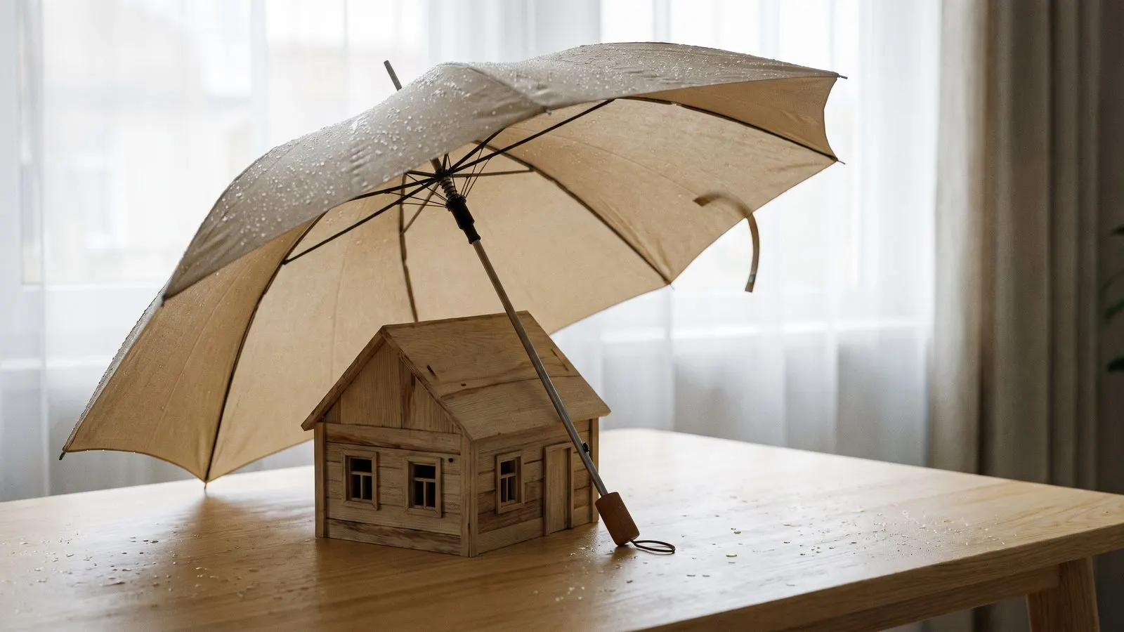 Schutzgeste angedeutet durch ein Modellhaus unter einem aufgespannten Regenschirm auf einem hellen Tisch