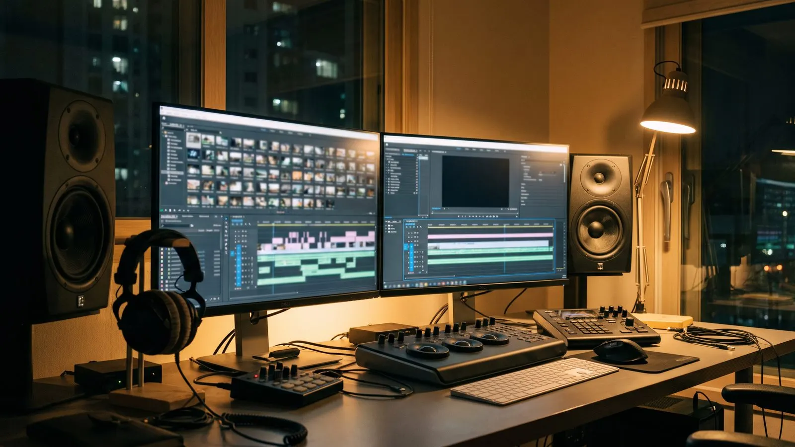 Videoschnittplatz mit zwei Monitoren voller unscharfer Zeitleisten Kopfhoerer und Studiomonitoren