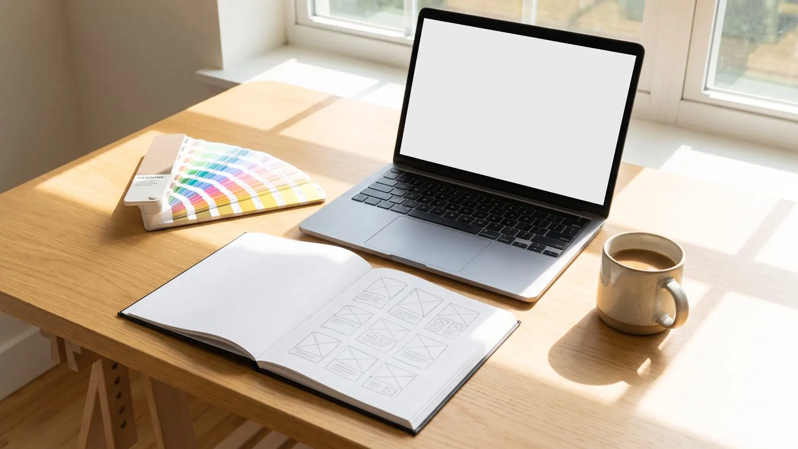 Schreibtisch mit Laptop und Skizzenblock voller Wireframe-Kaesten ohne Schrift